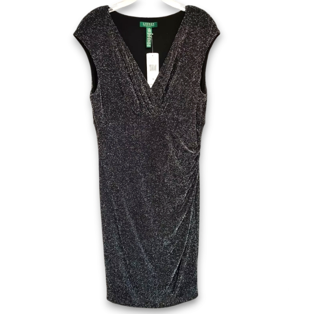 $160 Lauren Ralph Lauren Sleeveless Cocktail Dress Black Silver 16 RUNS SMALL